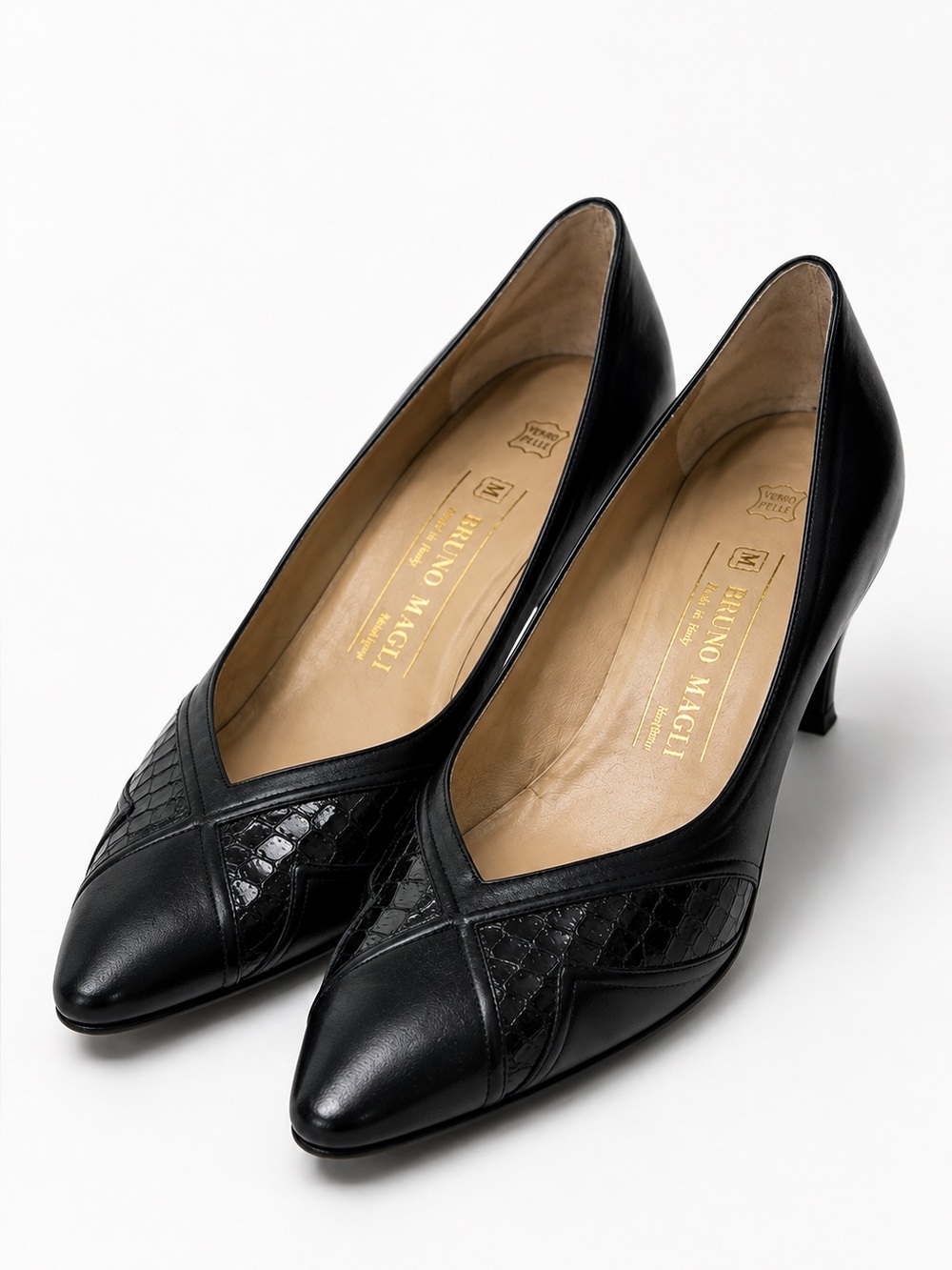 Bruno Magli Black Leather Snakeskin Detail Pumps Kitten Heel Size 7 Italy